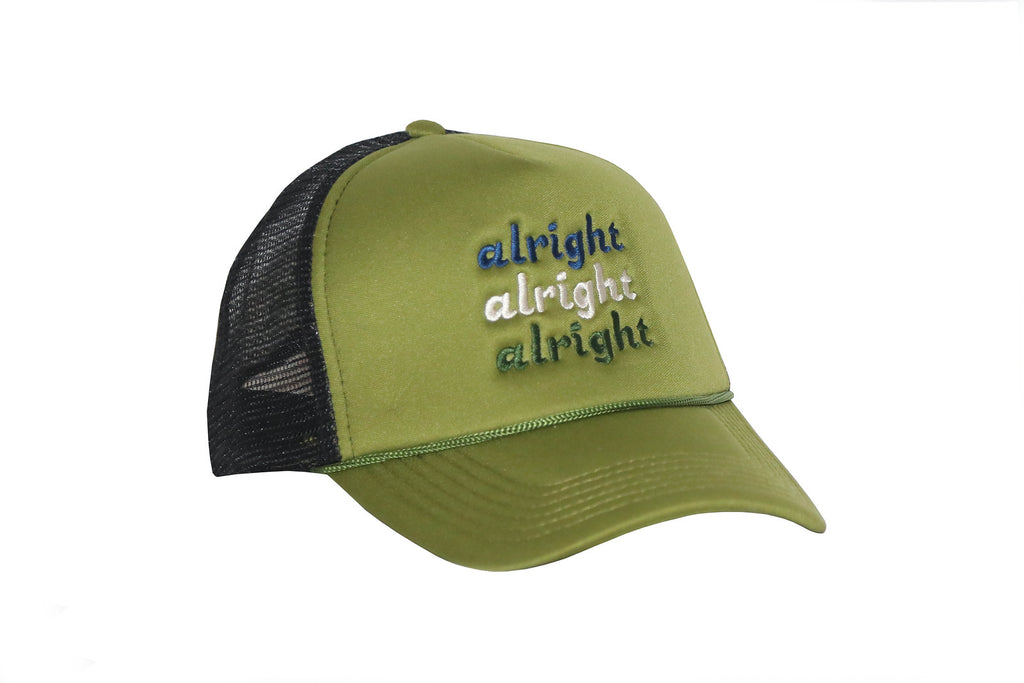 Green trucker hat with blue, white, and dark green stacked alright alright alright text. 