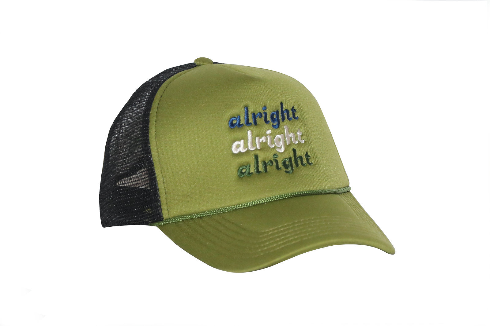 Green trucker hat with blue, white, and dark green stacked alright alright alright text. 