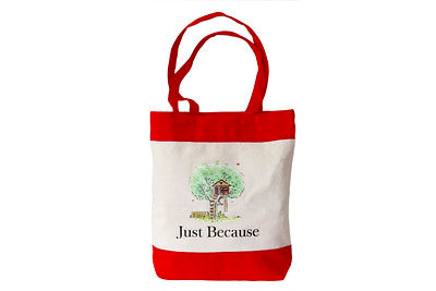 Just Because book logo tote bags with red  handle. 