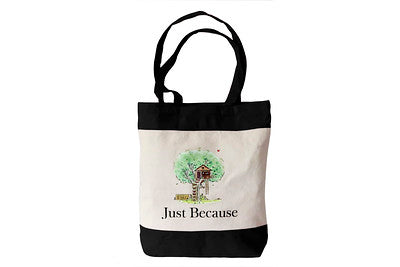 Just Because book logo tote bags with black handle. 
