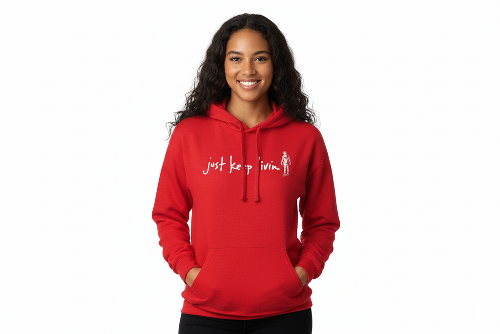 Young Woman modeling a red just keep living hoodie. 