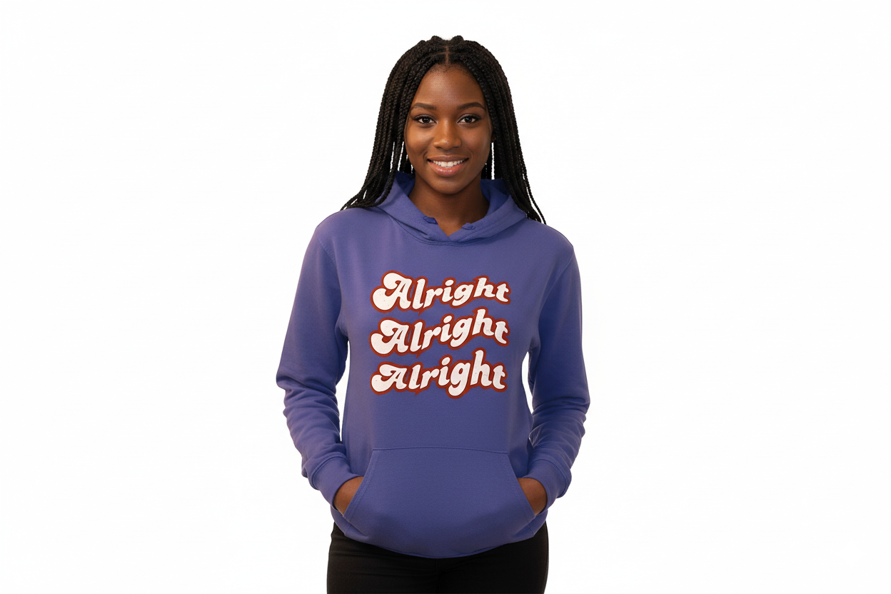 Person wearing a purple hoodie with 'Alight Alright Alright' text on a white background