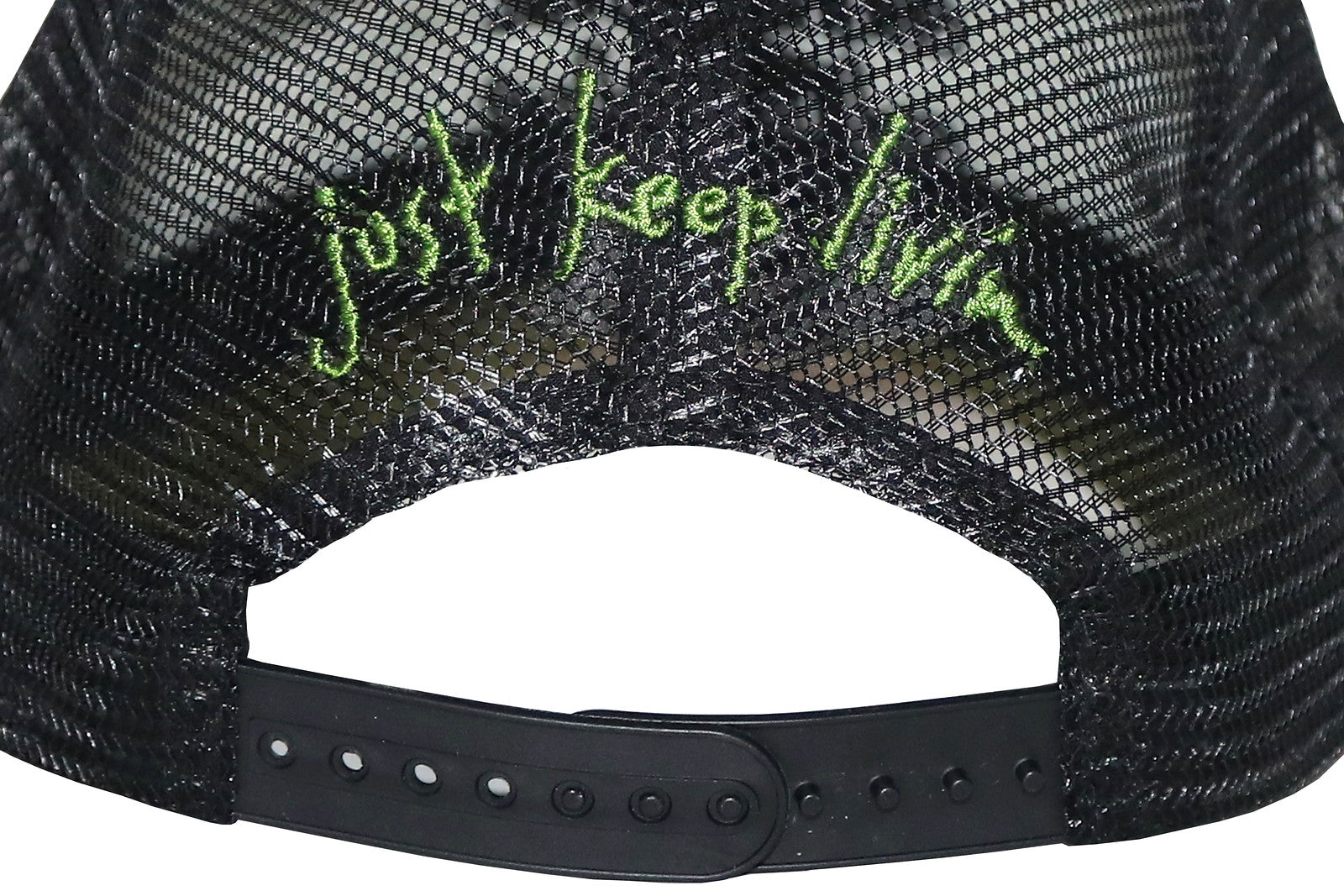 Back of trucker cap showing mesh snap back and just keep living embroidery in dark hunter green text. 