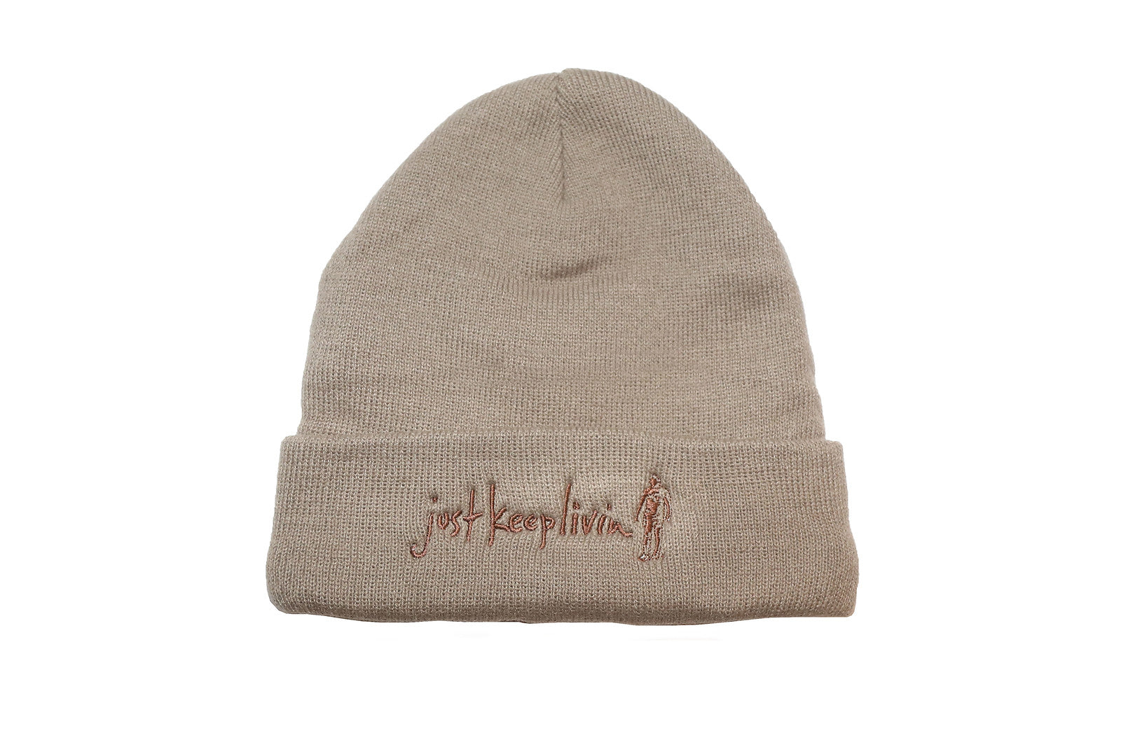 Tan beanie with Just Keep Living embroidered logo in brown. 