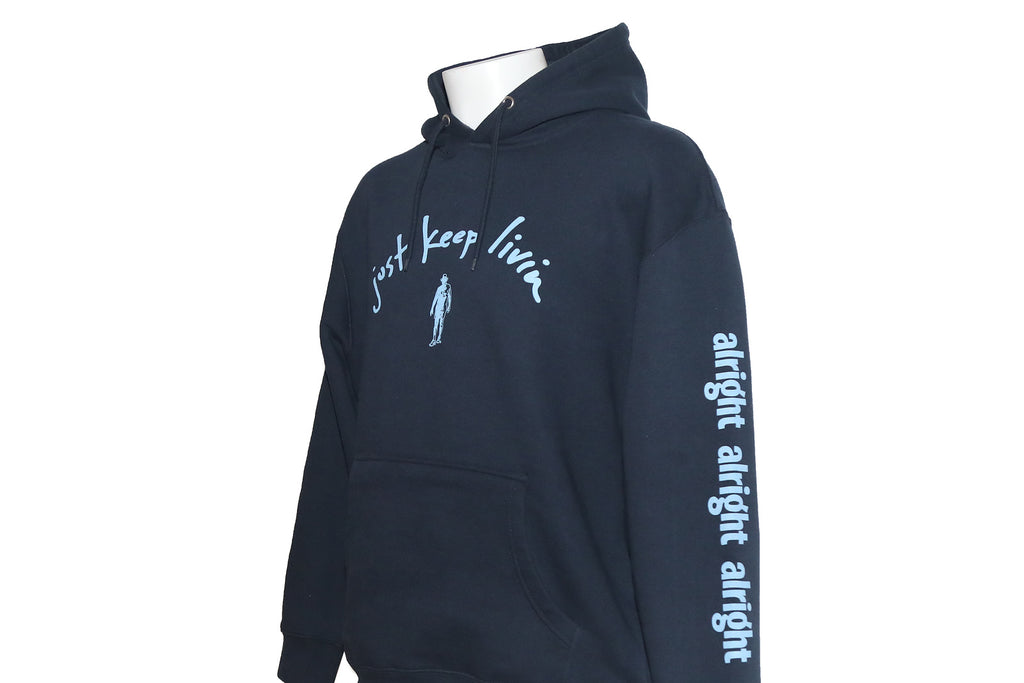 A navy blue hoodie with light blue text and graphics on the front and sleeves, featuring a hood, cuffs, and a pouch pocket.