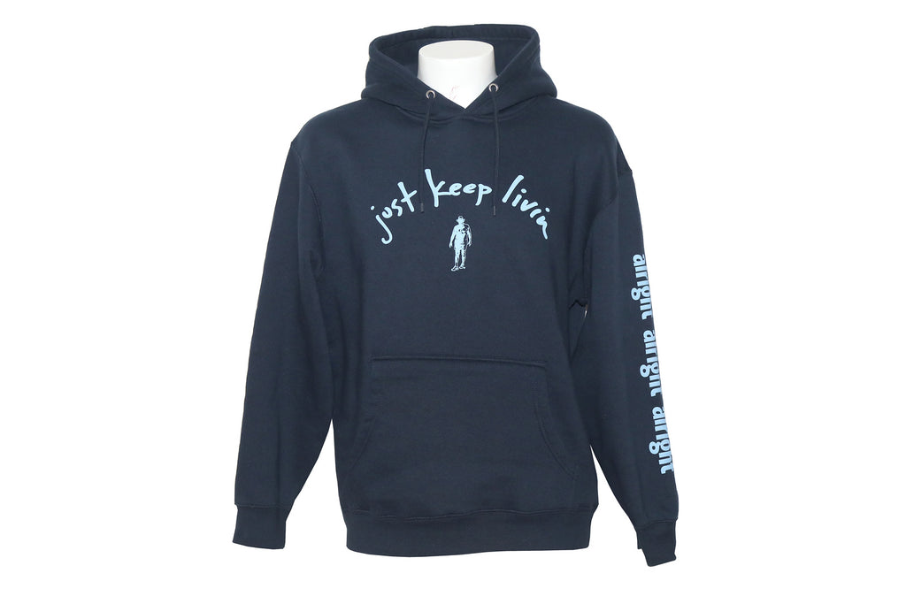 Just Keep Living long sleeve dark blue hoodie with light blue logo on hoodie chest and alright alright alright along left sleeve. 