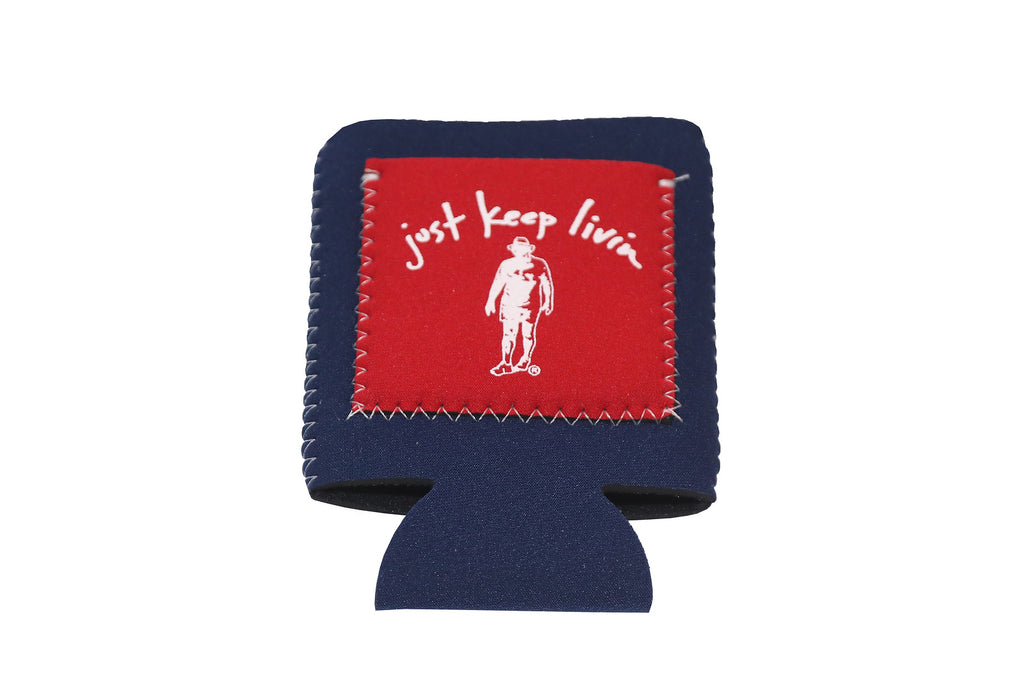 Blue can coozie front with red just keep living logo. 