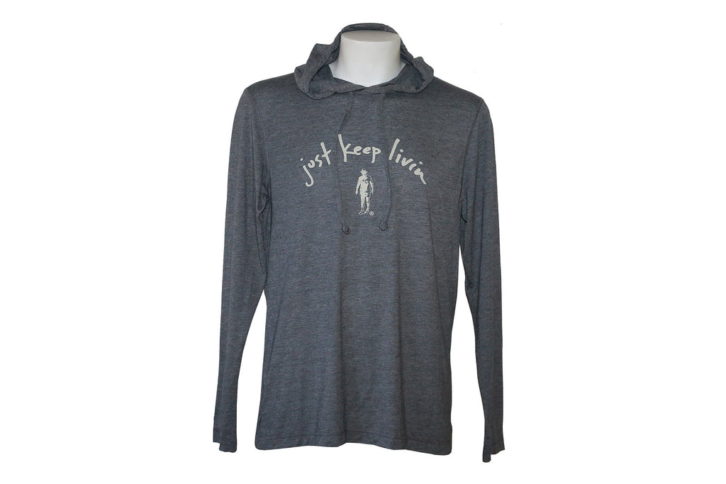 A gray hooded long sleeve tee shirt with the text 'Just Keep Livin'' printed on the front, displayed on a mannequin.