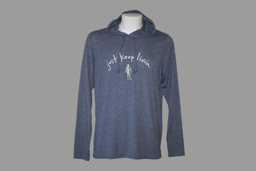 Blue long sleeve light weight just keep livin hoodie. 
