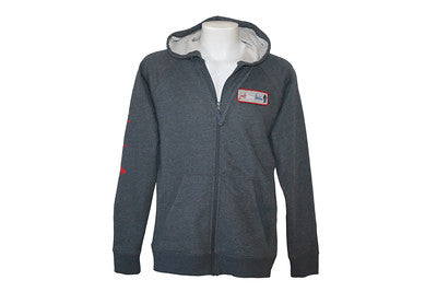 A charcoal gray heather full zip sweatshirt with a hood, featuring a gray screenprint down the right sleeve and a gray Just Keep Living patch with red, white, and blue embroidery on the front left crest.