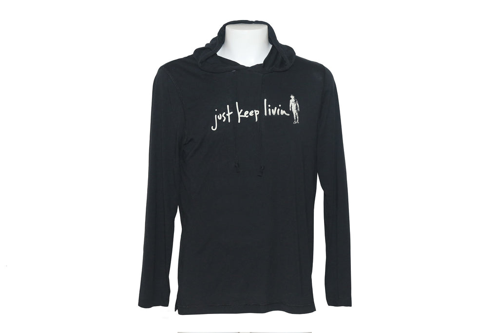 Black hoodie with white just keep livin logo on chest. 