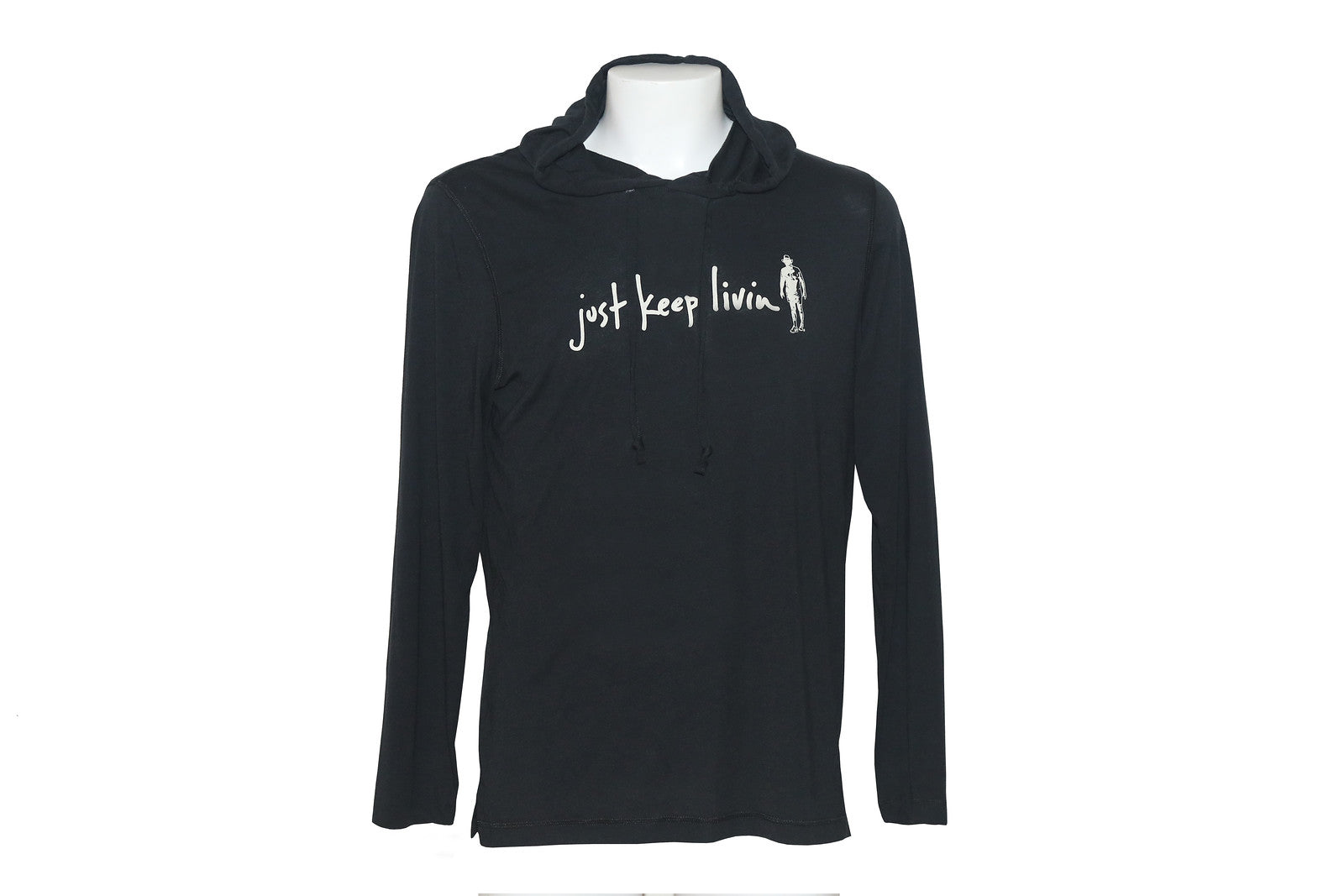 Black hoodie with white just keep livin logo on chest. 