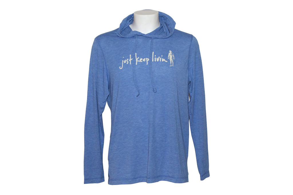 Lightweight blue hoodie with white just keep livin logo on chest. 