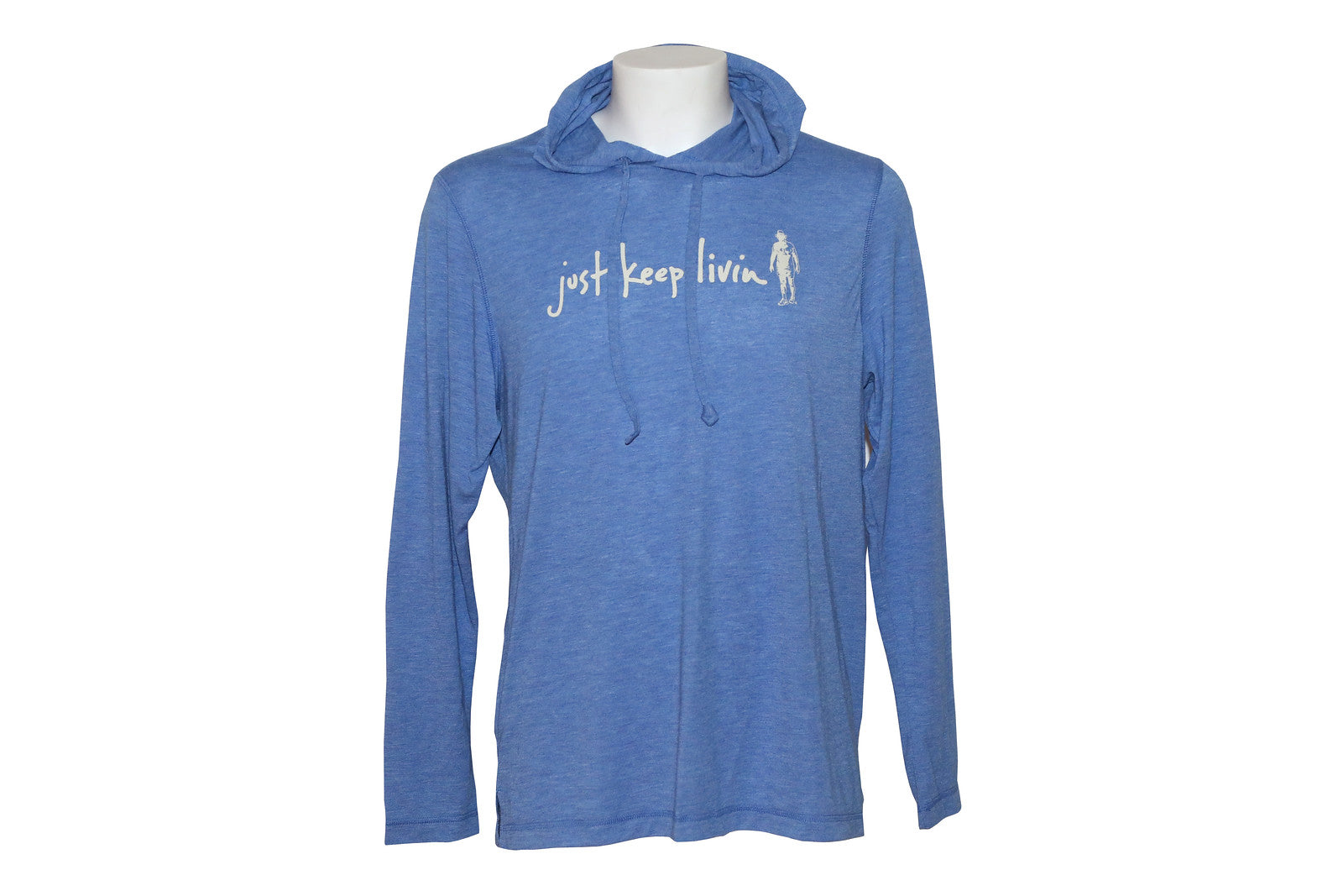 Lightweight blue hoodie with white just keep livin logo on chest. 