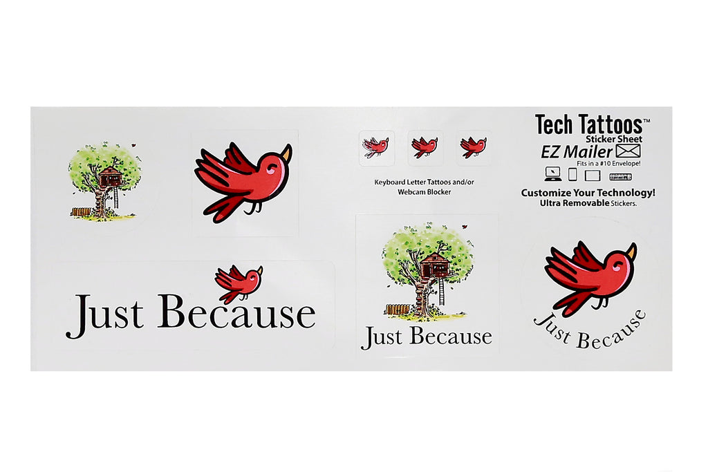 A sheet of removable stickers with various designs, including a red bird and tree, with the text 'Just Because' on it.