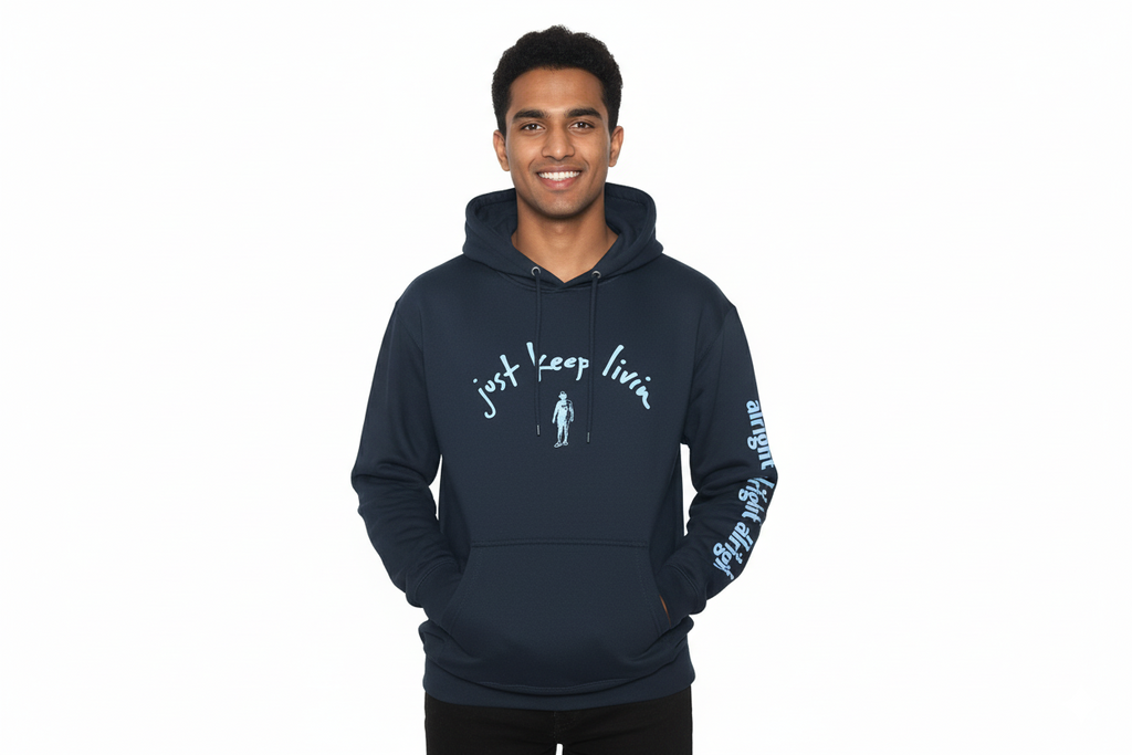 Young male modeling a blue just keep living hoodie with alright alright alright printed down the left arm. 