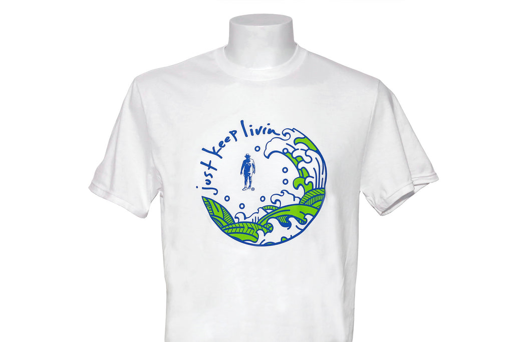 White t-shirt with a Just Keep living Summer waves graphic design on a mannequin against a white background