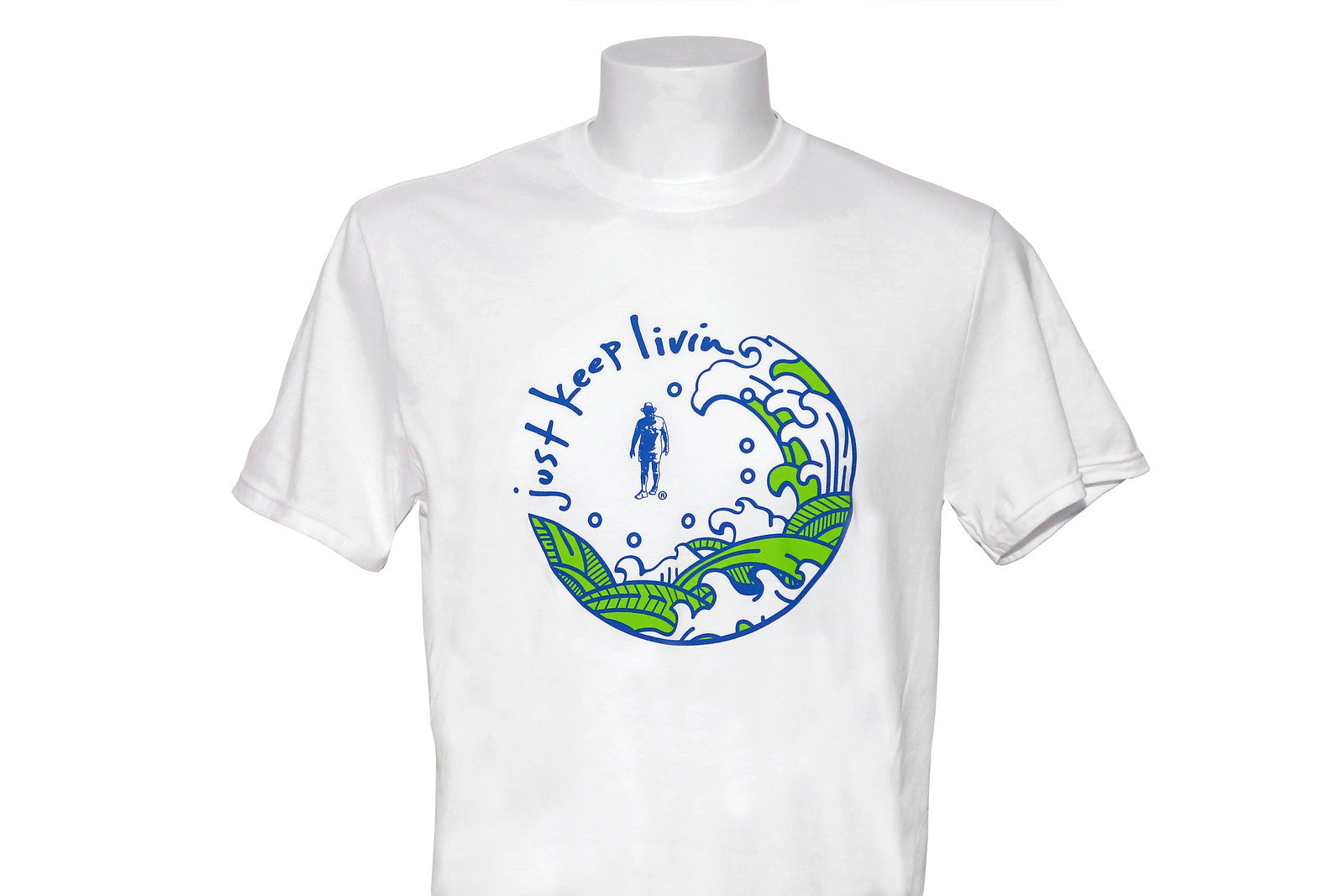 White t-shirt with a Just Keep living Summer waves graphic design on a mannequin against a white background