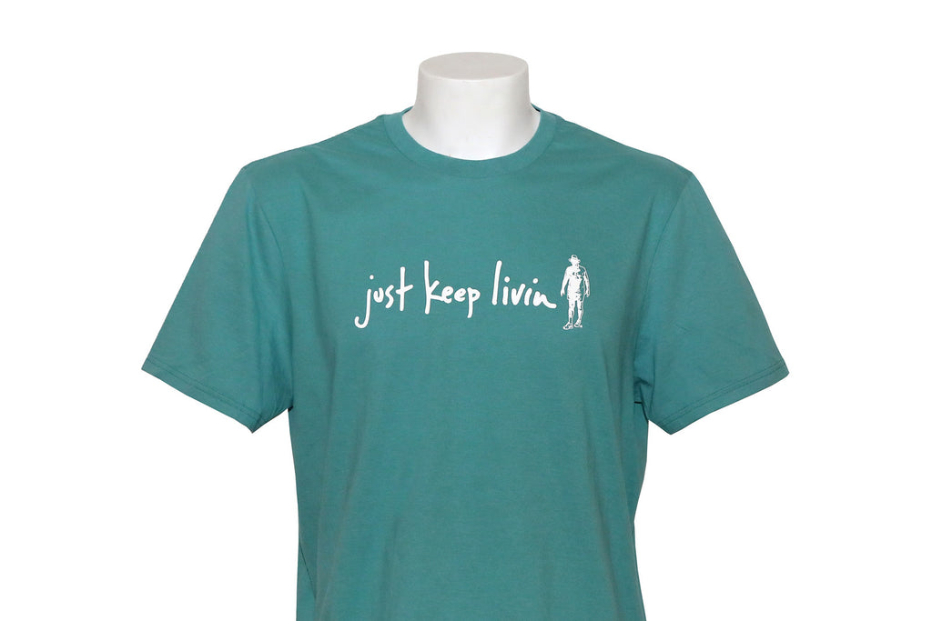 Teal short sleeve t-shirt with Just Keep Living white logo. 