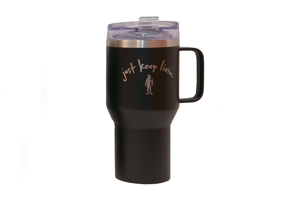 Black tumbler with silver just keep livin logo. 