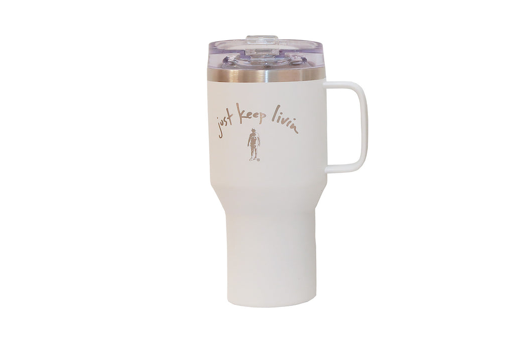 White tumbler with gray just keep livin logo. 