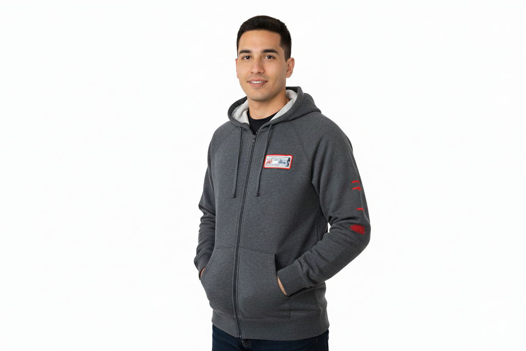 Man wearing a gray hoodie with a Just Keep Livin logo on a white background