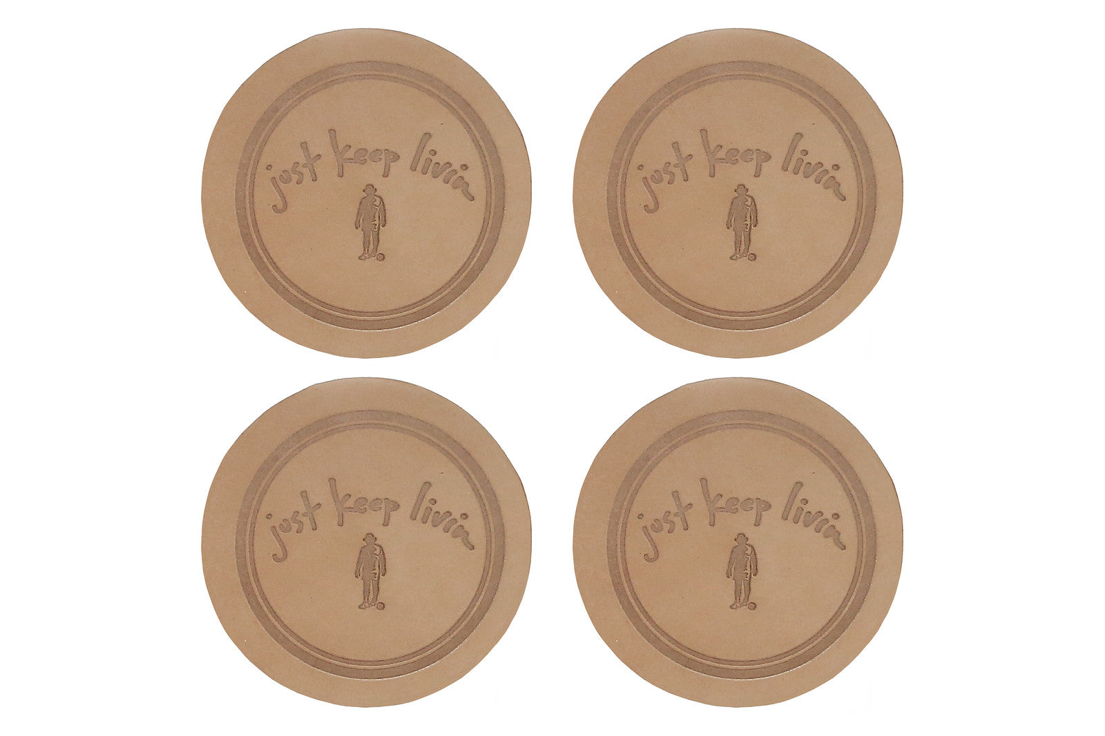 Four Pack of Just Keep Livin brown drink coasters.