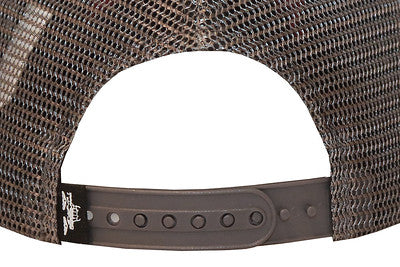 Close up of snap back on trucker mesh hat. 