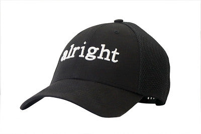 A black baseball cap with the word 'Alright' embroidered in white on the front and a gray mesh back panel.