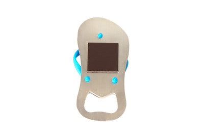 back of sandal bottle opener with square magnet. 