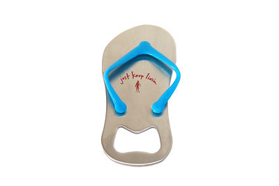 front of sandal just keep livin logo bottle opener. 
