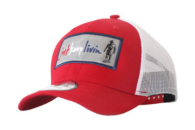 A red and white structured cap with a snapback design and an embroidered patch on the front featuring text and a graphic.
